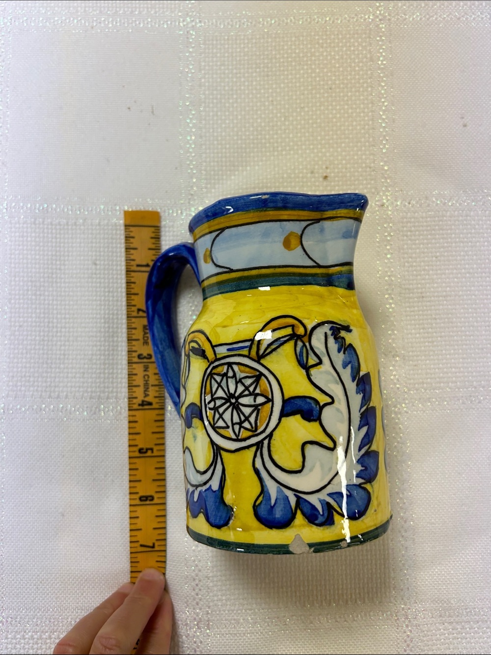 Hand-Painted Yellow and Blue Ceramic Pitcher - Decorative Home Art image 2